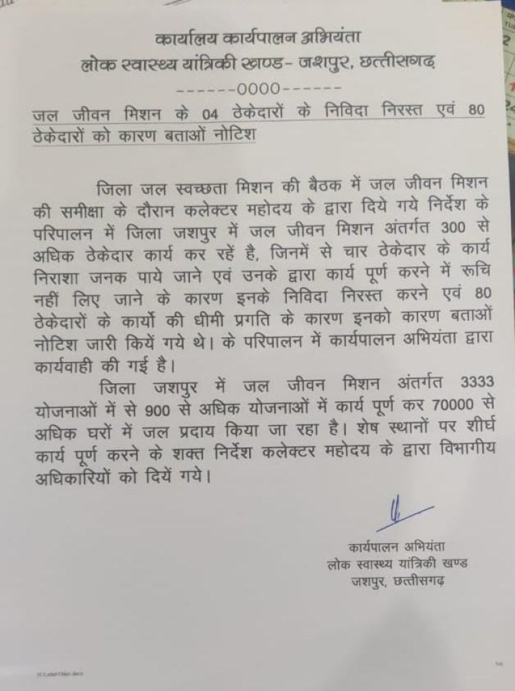 कलेक्टर ने जल जीवन मिशन के कार्य में लापरवाही बरतने के कारण 4 ठेकेदारों के निविदा निरस्त करने और 80 ठेकेदार को कारण बताओ नोटिस थमाया