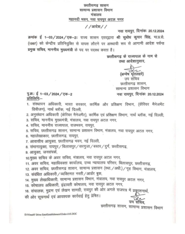 श्री सुबोध कुमार सिंह बने मुख्यमंत्री के प्रमुख सचिव
