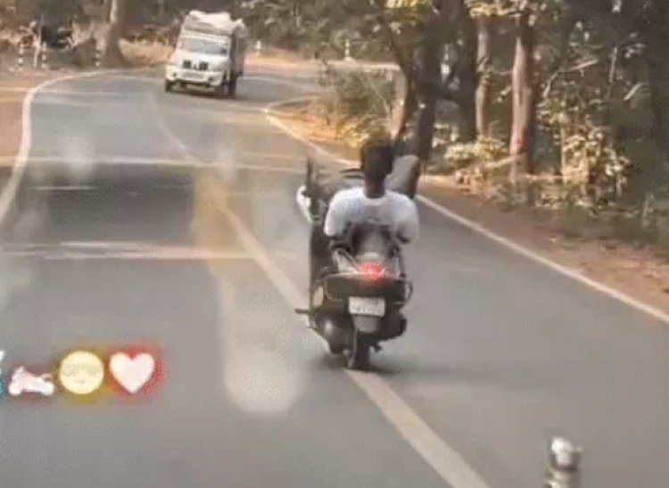 छत्तीसगढ़ के दंतेवाड़ा जिले के किरंदुल-बचेली मार्ग पर एक युवक चलती स्कूटी पर लेट गया